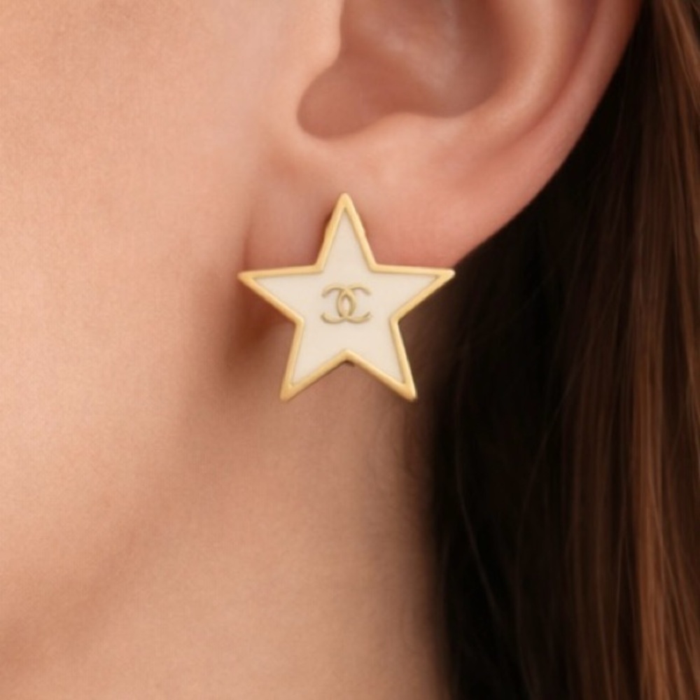 CHANEL Star CC Cream and Gold Clip On Earrings